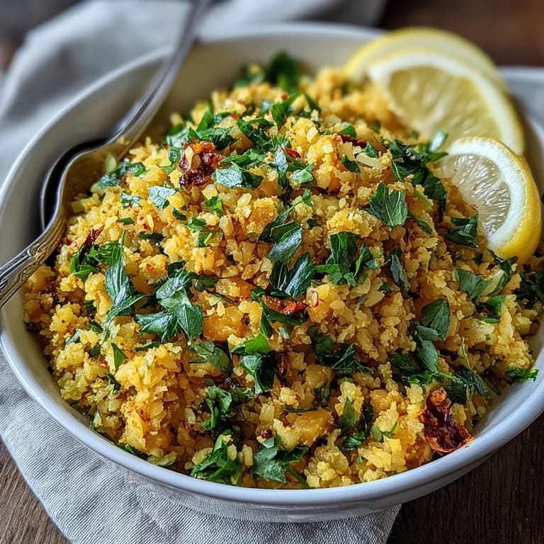 A vibrant bowl of Turmeric Cauliflower Rice served warm, garnished with fresh cilantro and ready as a healthy side dish.