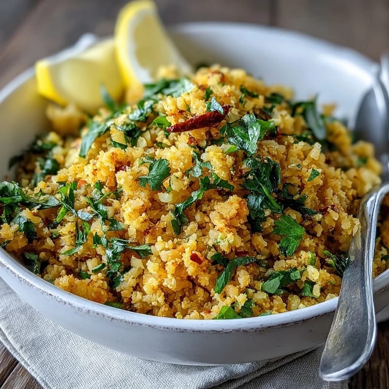 Turmeric Cauliflower Rice sizzling in a skillet, mixed with sautéed onions and infused with aromatic spices like cumin.