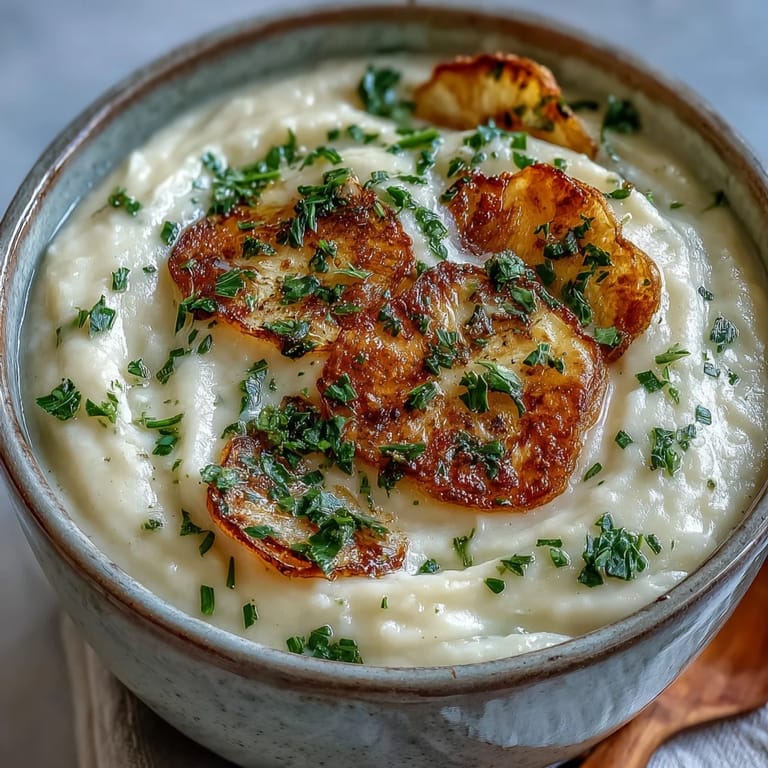Roasted parsnips and herbs blended into a velvety smooth soup, steaming gently in a cozy kitchen for an easy vegetarian dinner.