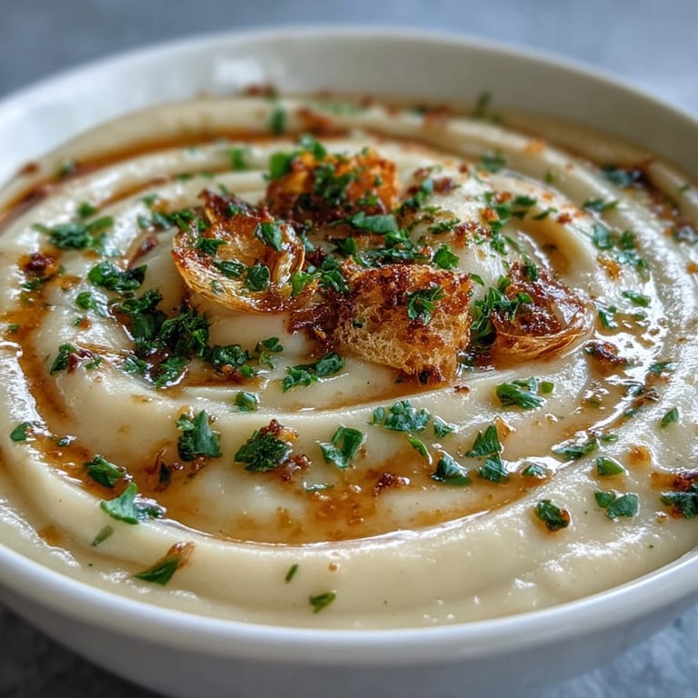 Roasted Garlic Soup simmering in a pot, showcasing the creamy consistency of the roasted garlic and potato mixture.