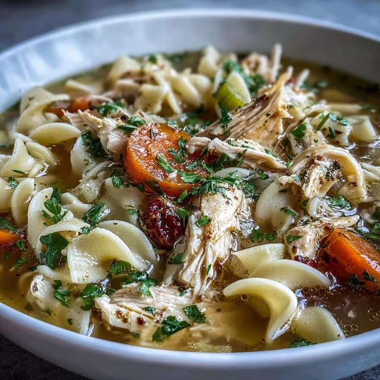 A close-up of Instant Pot Chicken Noodle Soup garnished with fresh parsley, carrots, and celery.