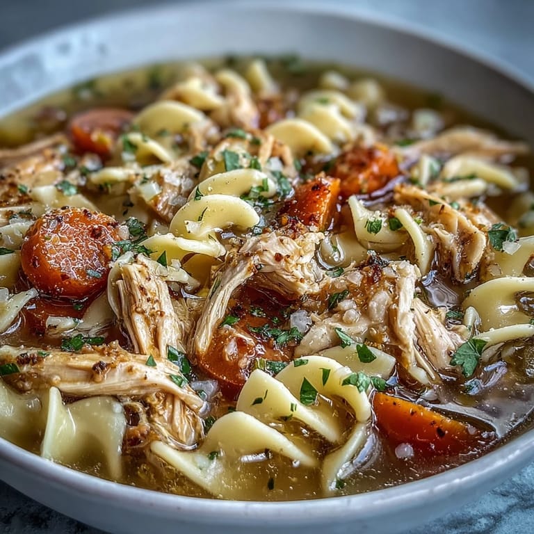 Ladle serving of warm Instant Pot Chicken Noodle Soup with diced onions, sliced carrots, and tender chicken.