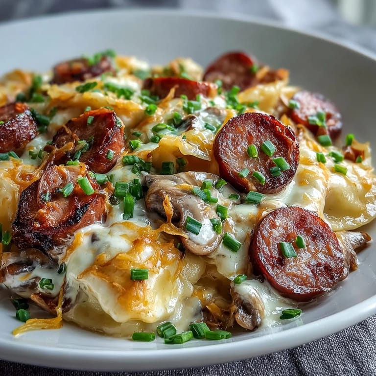 Golden brown pierogi and kielbasa slices are coated in a creamy cheddar sauce, garnished with fresh parsley in a crockpot.