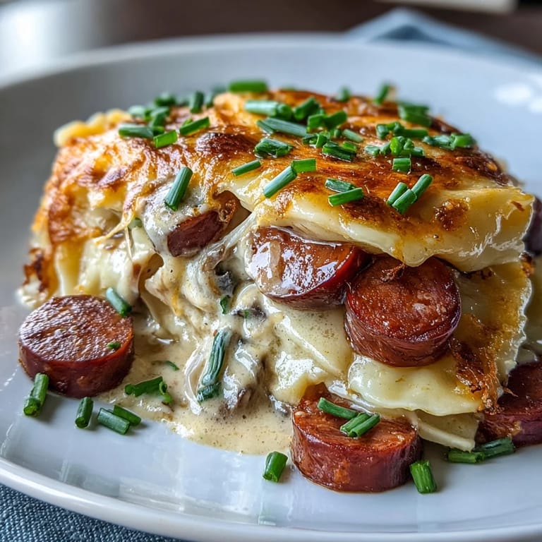 A hearty serving of Crockpot Pierogi Casserole with Kielbasa is dished onto a plate, paired with a fresh green salad.