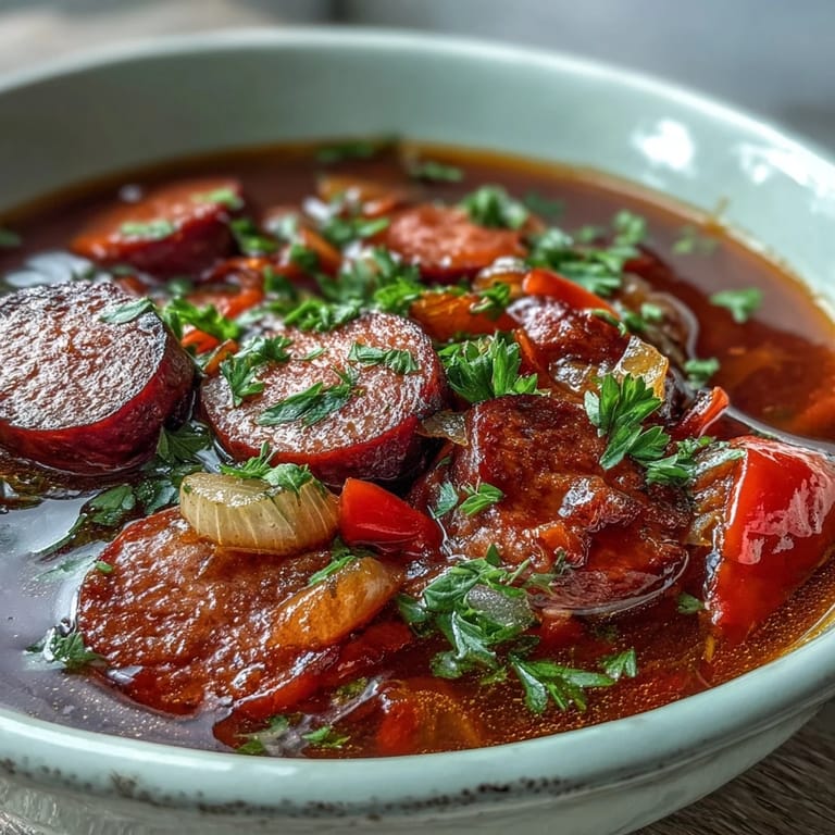 Set serving bowls alongside crusty bread for dipping into the rich Crock Pot BBQ Cocktail Sausage Soup topped with fresh parsley.