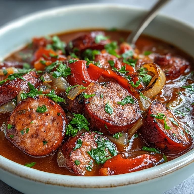 A steaming bowl of Crock Pot BBQ Cocktail Sausage Soup features sliced smoked sausages in a tangy red sauce with red peppers and onions.
