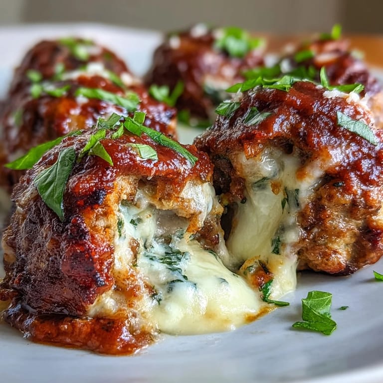 Golden brown, gluten-free Cheesy, Garlicky Meatballs With Marinara in a bubbling tomato sauce, garnished with parsley, ready for a hearty dinner.