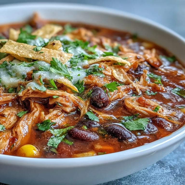 A bowl of Instant Pot Chicken Tortilla Soup topped with avocado, fresh cilantro, and crispy tortilla strips. 