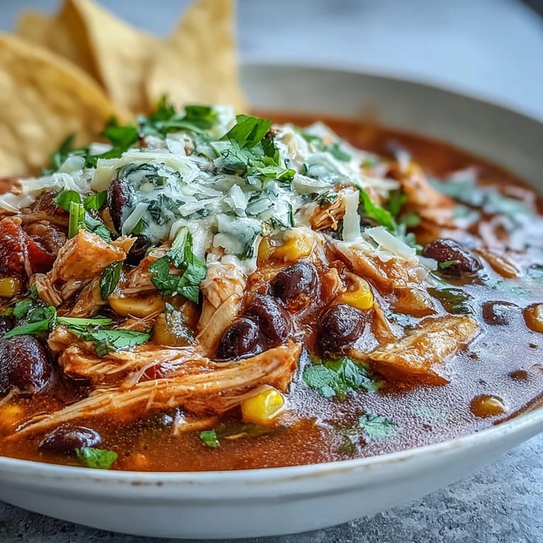 A ladle serving Instant Pot Chicken Tortilla Soup reveals tender chicken, black beans, and corn in a rich broth. 