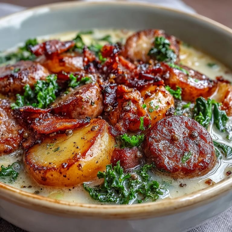 A hearty bowl of Italian Sausage Soup garnished with kale, served alongside crusty bread for dipping.