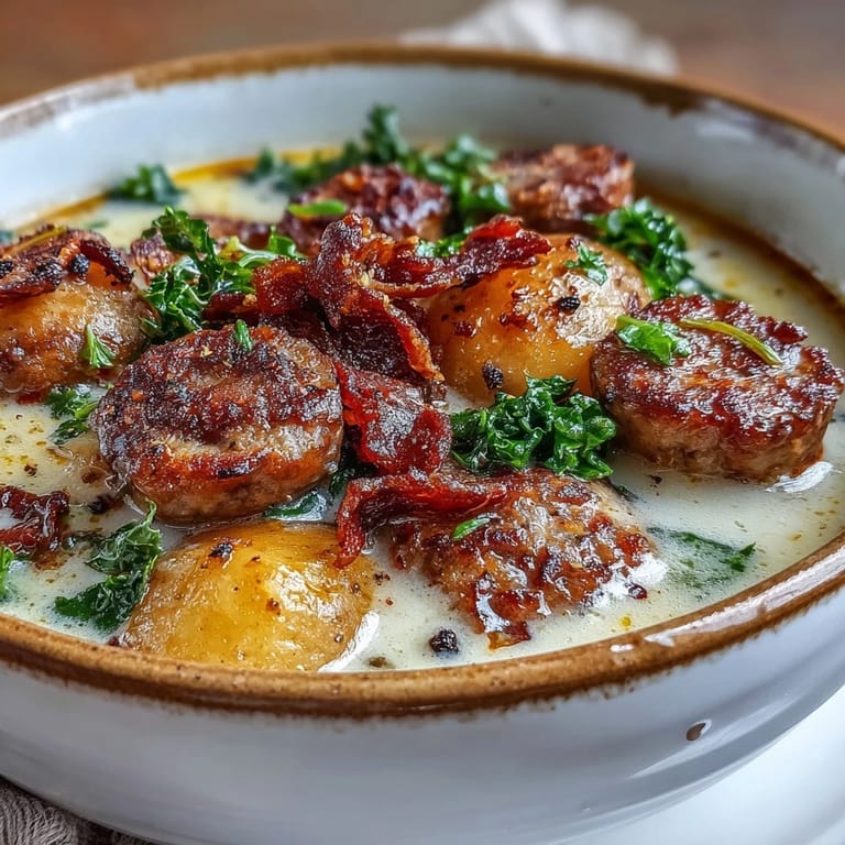 Steaming Italian Sausage Soup featuring crumbled sausage, sliced potatoes, and kale in a rich, creamy broth.