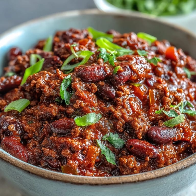 Serving of Slow Cooker Chili in a rustic mug, paired with a side of golden cornbread for a cozy meal.