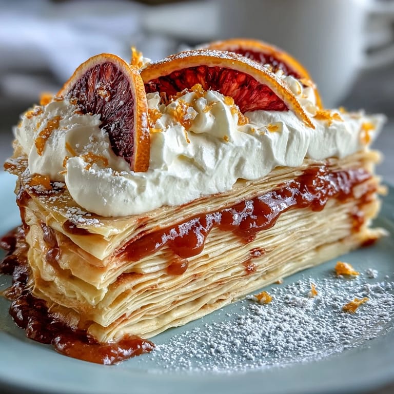 Freshly cut Blood Orange Curd Crêpe Cake displays alternating layers of delicate crepes and creamy, tangy blood orange curd on a plate.