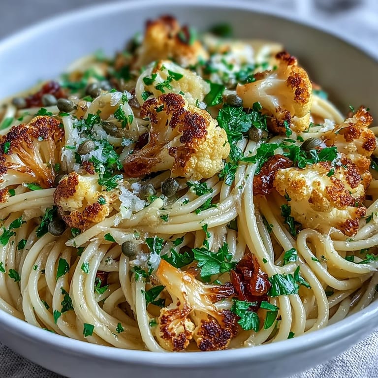 Savory anchovy and sweet raisin meld with golden roasted cauliflower in this low-calorie spaghetti, garnished with lemon zest and parsley.