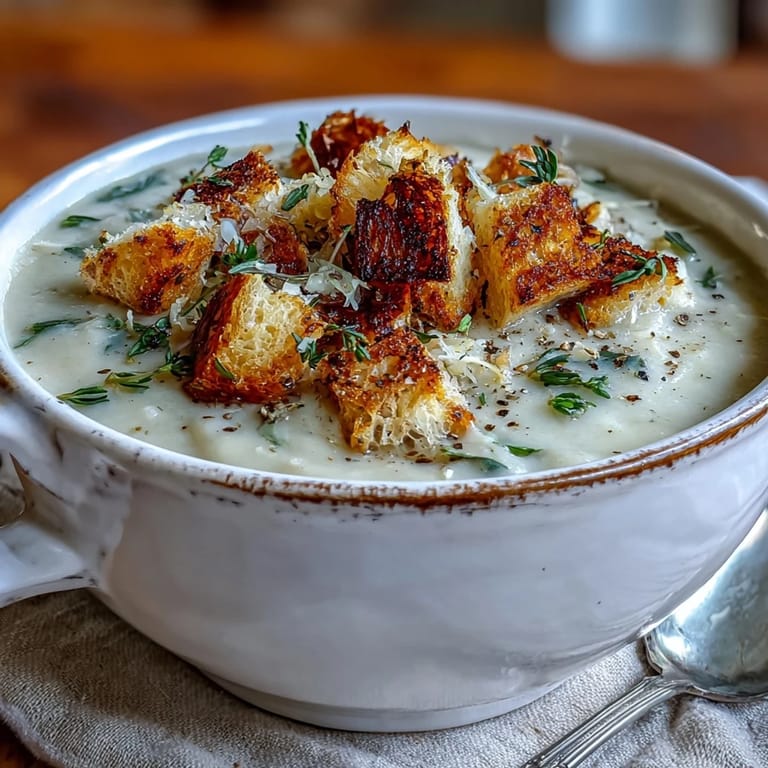 Cozy bowl of Cauliflower and Broccoli Soup garnished with croutons, steaming on a wooden table.
