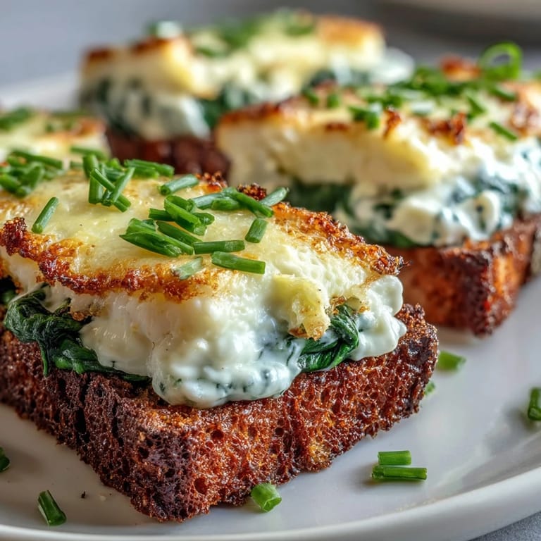 Two rustic rye toasts featuring tender smoked haddock and wilted spinach, drizzled with crème fraîche and ready to serve for brunch.