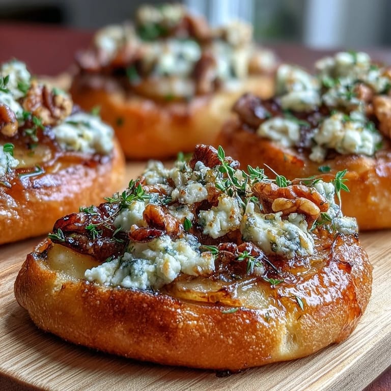 Freshly baked pizzettes featuring sweet pears, creamy Gorgonzola, and tangy pickled walnuts on a rustic wooden board.