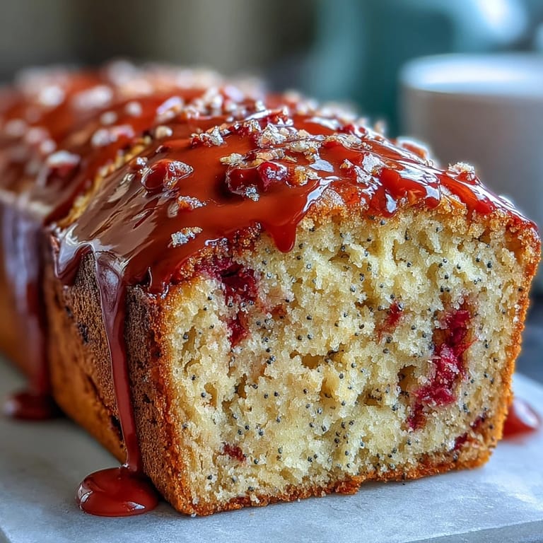 Moist Blood Orange Loaf Cake with Poppy Seeds and Marzipan garnished with orange slices beside a steaming cup of tea.