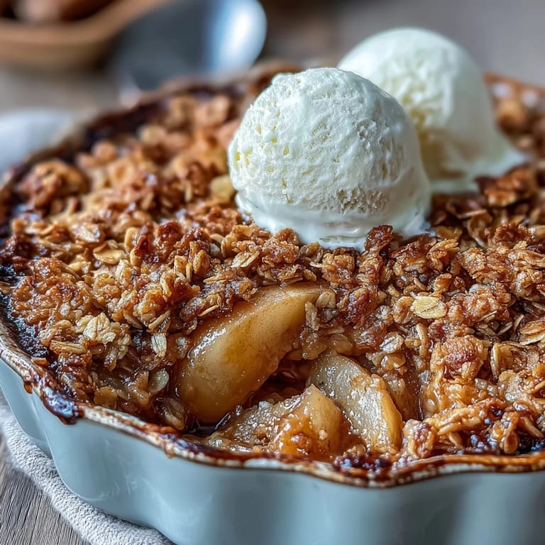 The golden, crunchy crumble topping on baked Pear Crumble sits in a white dish, ready to be served.