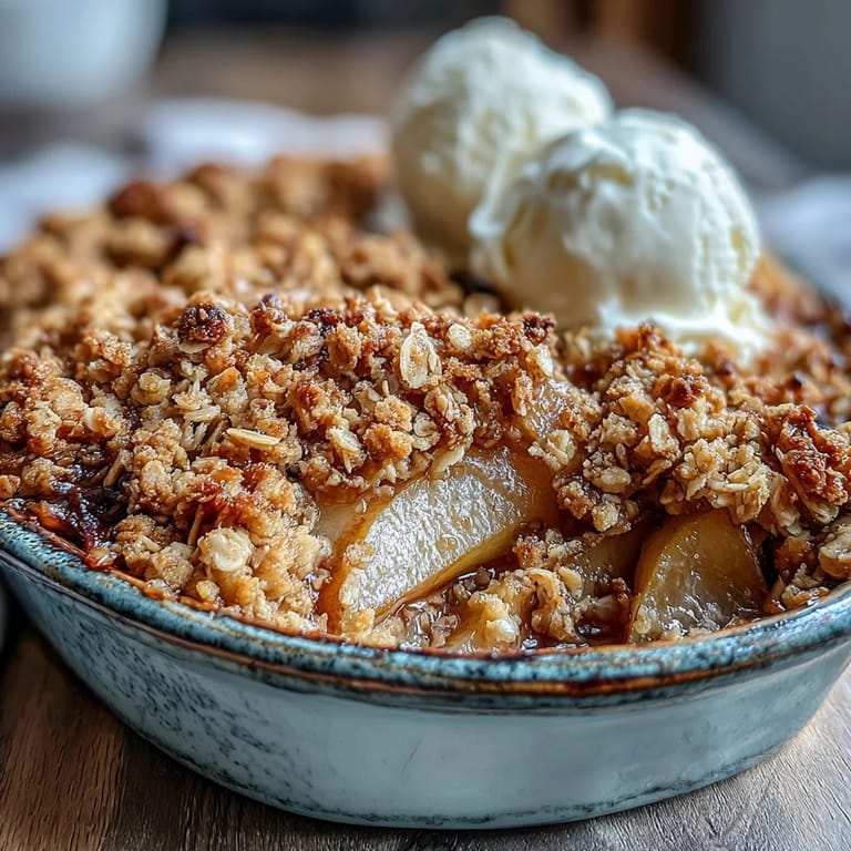 Tender sliced pears baked under a thick, rustic topping, showcasing a classic homemade Pear Crumble dessert.