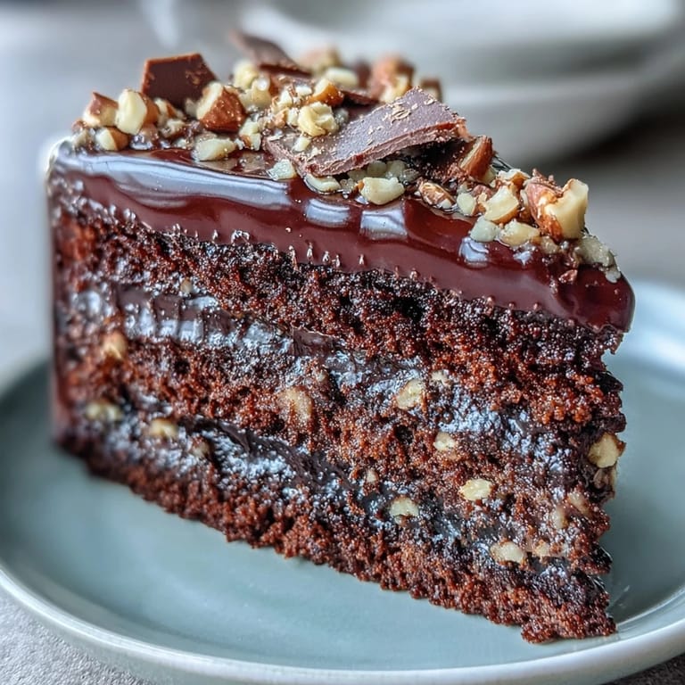 Glossy ganache and golden praline top the Chocolate Celebration Cake, served beside espresso on a rustic table.