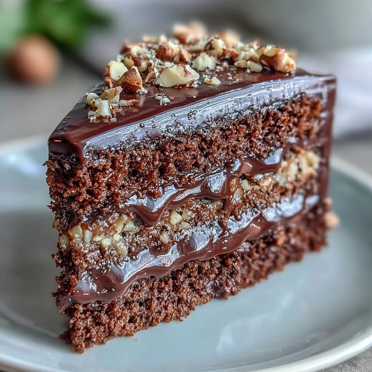 Freshly assembled Chocolate Celebration Cake layered with rich ganache and sparkling hazelnut praline, ready for celebration.