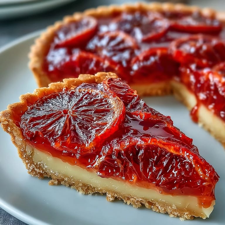 Individual blood orange tarts with silky vanilla custard and flaky crust are served on a white plate, ready for a dinner party.