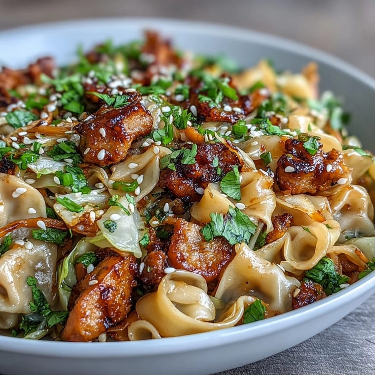 A close look at Potsticker Noodle Bowls reveals tender rice noodles tossed with hearty ground pork.
