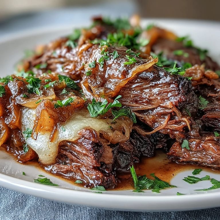 Hearty Savory Crock Pot French Onion Pot Roast topped with gooey Gruyere and fresh parsley.
