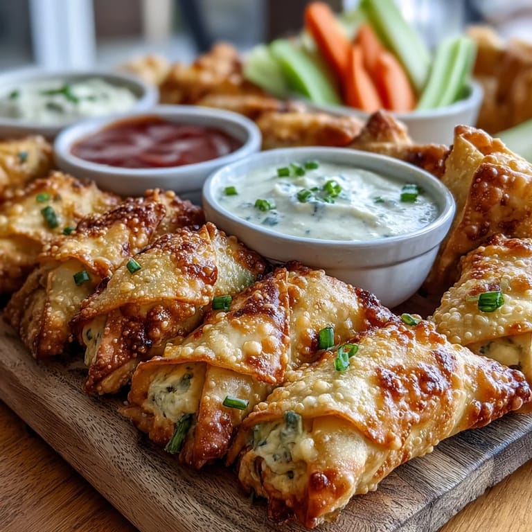 Buffalo Chicken Dip Egg Rolls arranged on a platter with fresh celery sticks and zesty green onions.