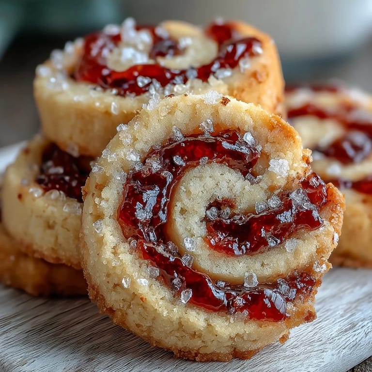 A close-up of Raspberry Swirl Shortbread Cookies shows buttery texture and tangy red jam, ready for an afternoon tea tray.