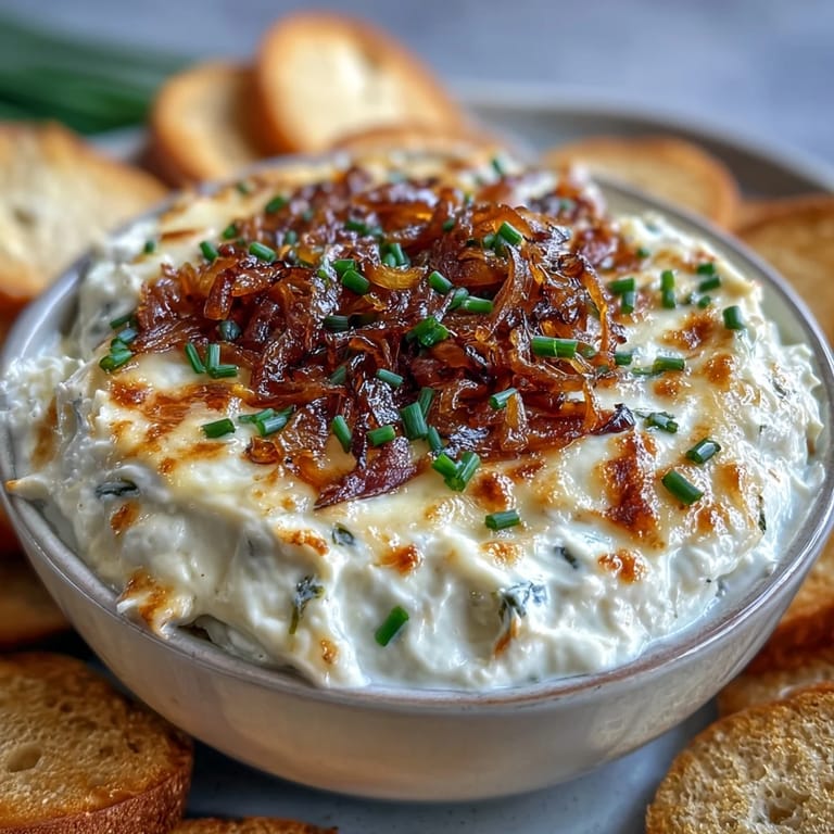 Warm Smoked Gouda & Onion Dip in a baking dish, golden and bubbling with caramelized onions, perfect for scooping with crisp veggies.