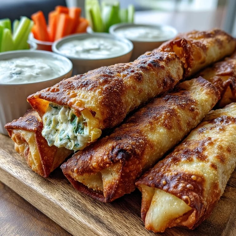 Homemade Buffalo Chicken Dip Egg Rolls dipped in buffalo sauce with melty cheddar cheese on a rustic board.