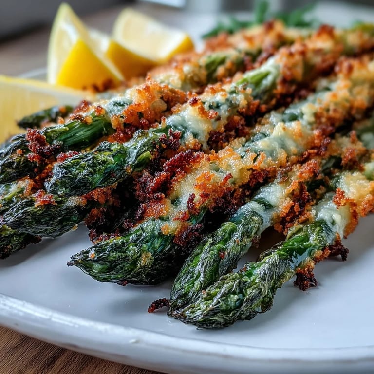 Sizzling Crispy Asparagus Asiago Spears fresh from the oven, highlighting the golden panko crust and tender green spears.