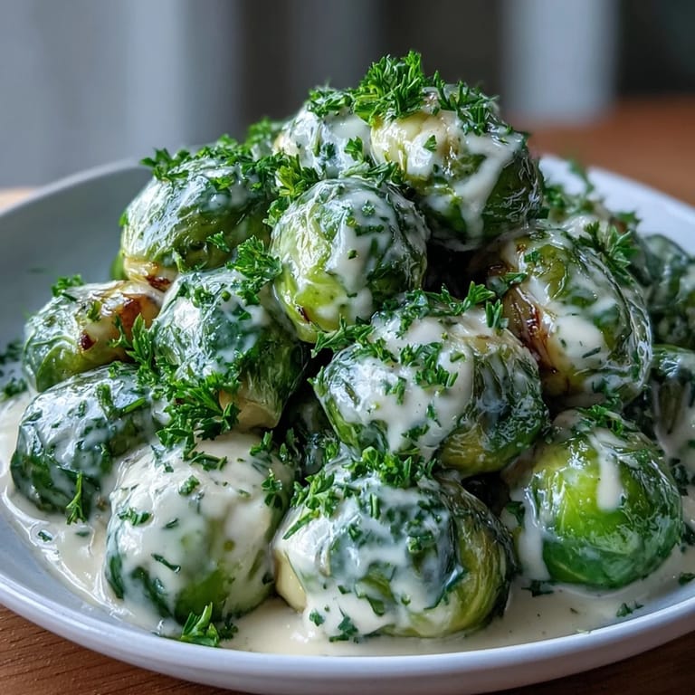 Sizzling Brussels sprouts in a rich cream cheese and Dijon mustard sauce with onion and garlic.