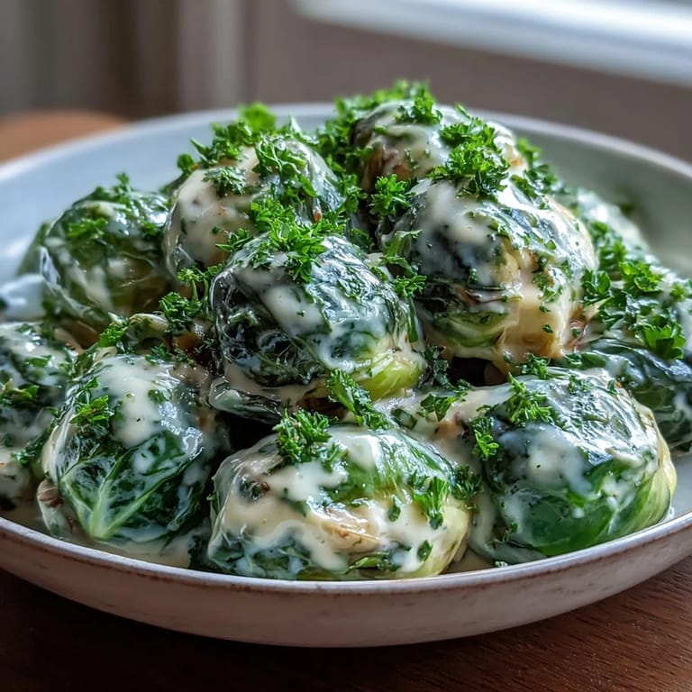 Homemade Brussels sprouts in cream cheese mustard sauce served warm as a vegetarian dinner side.
