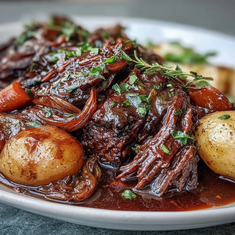 Tender shredded Beef Pot Roast with potatoes and carrots, garnished with parsley in savory gravy on a platter.