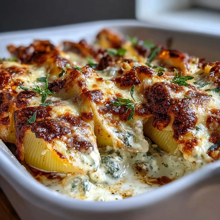 Creamy pumpkin and smoked Gouda stuffed shells resting in a rich brown butter sage Alfredo sauce, garnished with fresh leaves.