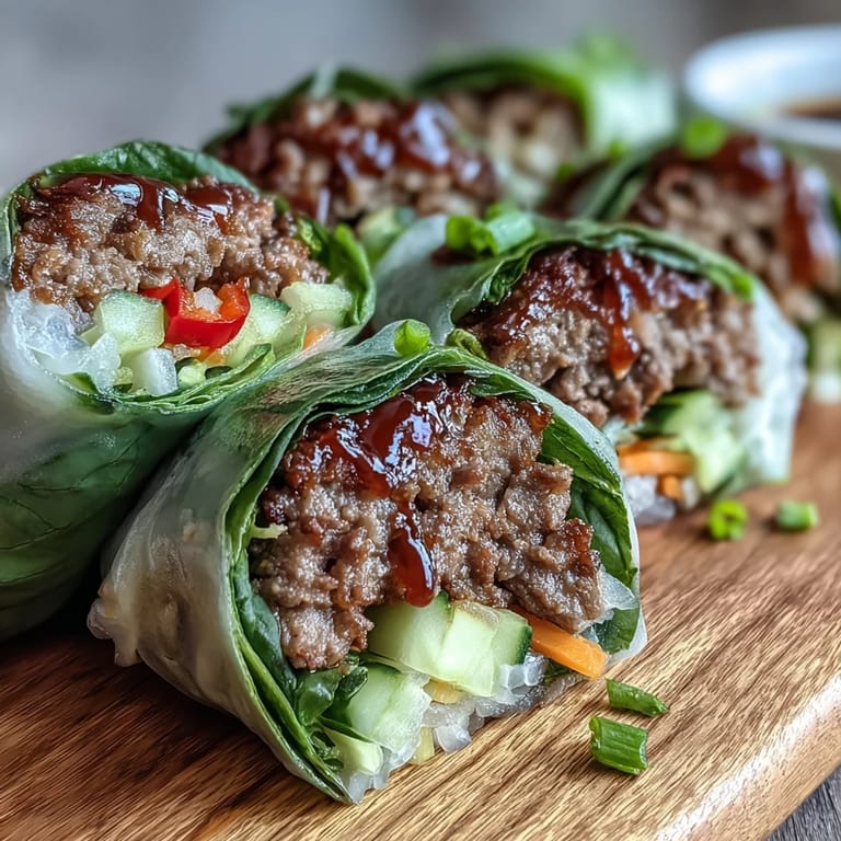 Homemade Thai Basil Beef Rolls plated over rice vermicelli with lime wedges for dipping.