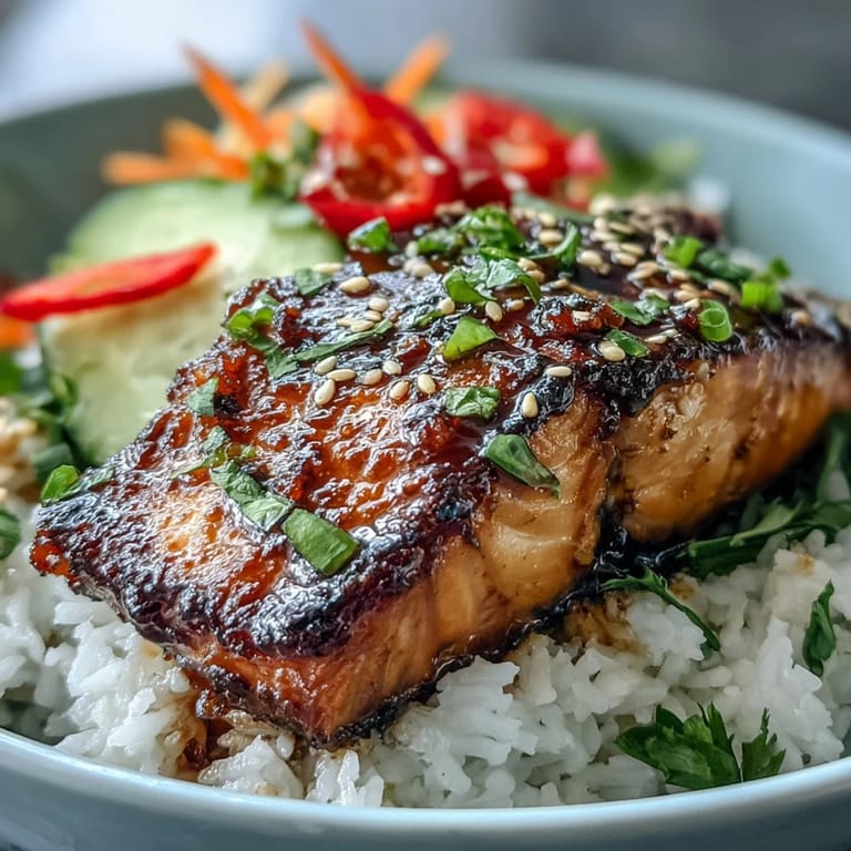 Spoon into this healthy Asian-Inspired Salmon Bowl with juicy fillets, crunchy vegetables, and a drizzle of savory glaze for a fresh meal.