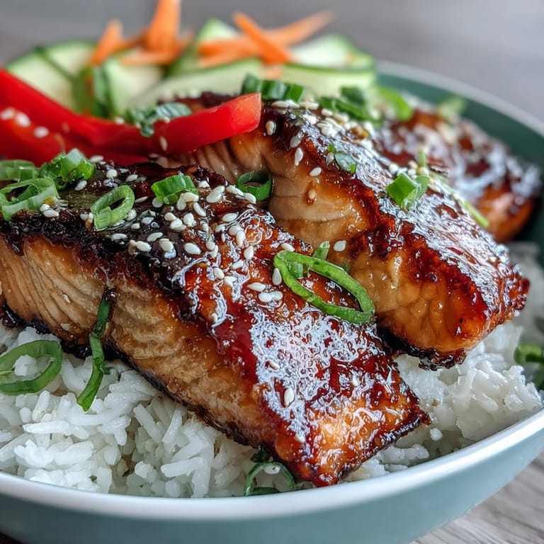 A vibrant Asian-Inspired Salmon Bowl features glazed fish, edamame, and colorful veggies on steamed rice, finished with sesame seeds and scallions. 
