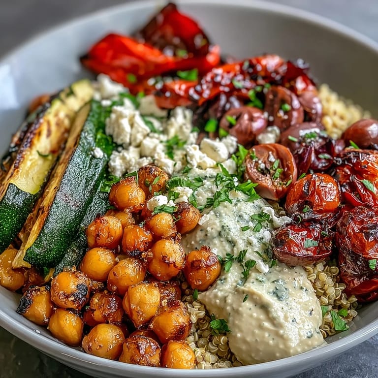 Overhead view of a nourishing Mediterranean Buddha Bowl garnished with fresh parsley and lemon wedges, ready for a healthy vegetarian meal.