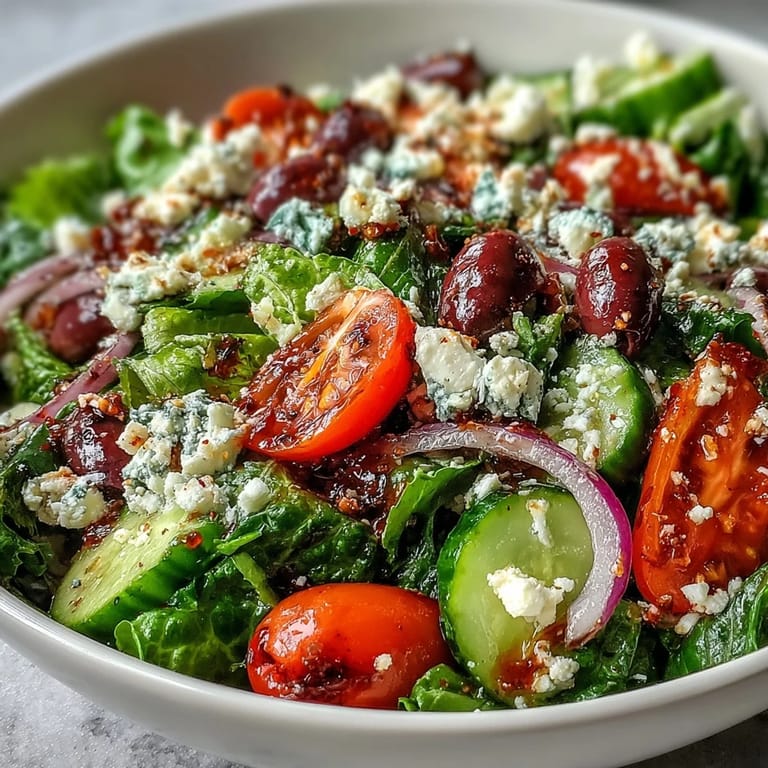 Crisp romaine lettuce, red onion, cucumbers, and tomatoes make up this vibrant Greek Salad Bowl meal.