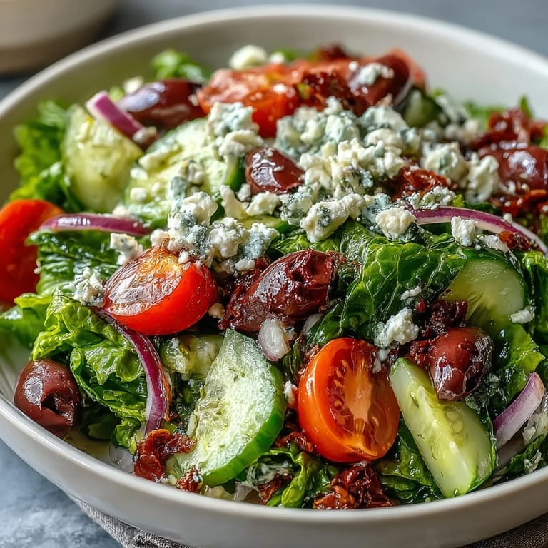 A healthy Greek Salad Bowl tossed in oregano dressing, served as a refreshing vegetarian side dish.