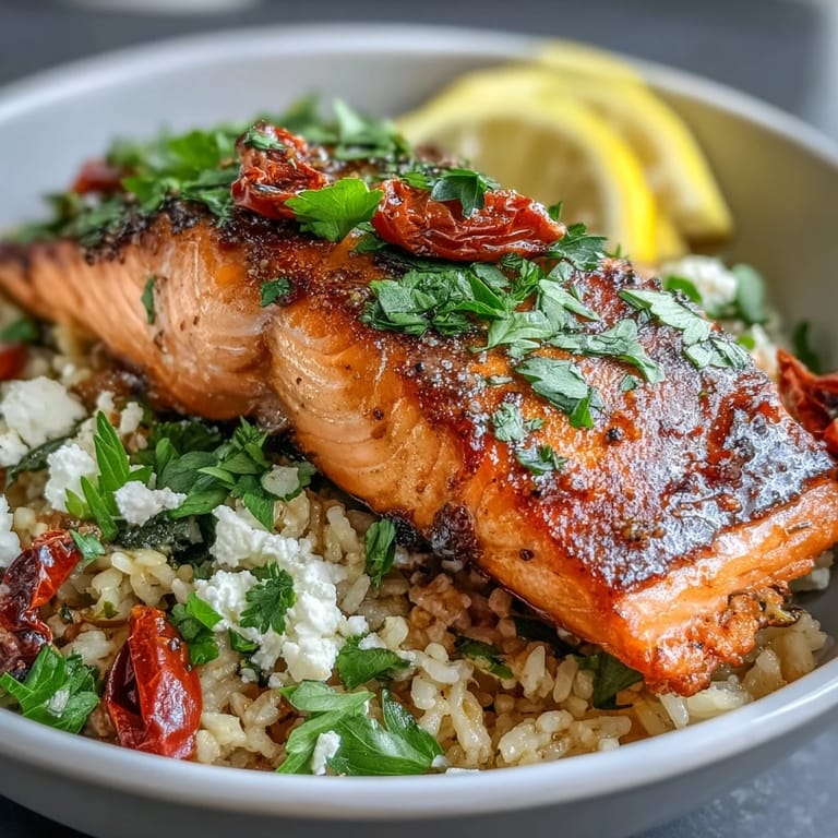 Pan-seared salmon fillet with crispy skin rests on a bed of golden rice in a colorful bowl.