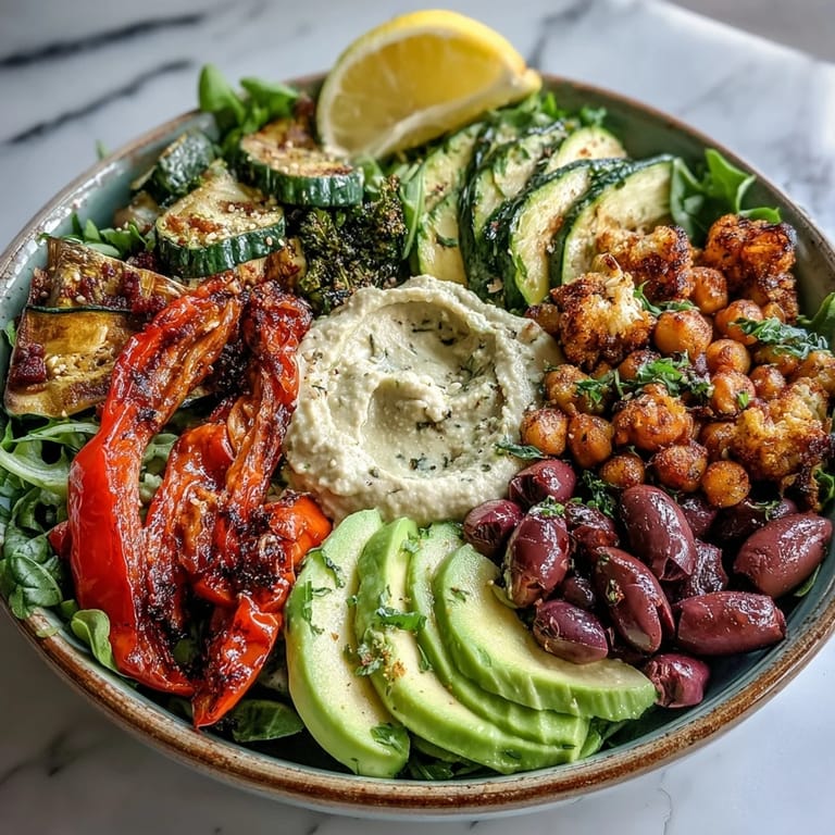 A vibrant Vegan Mediterranean Buddha Bowl topped with hummus, sliced avocado, and olives on a bed of mixed greens.