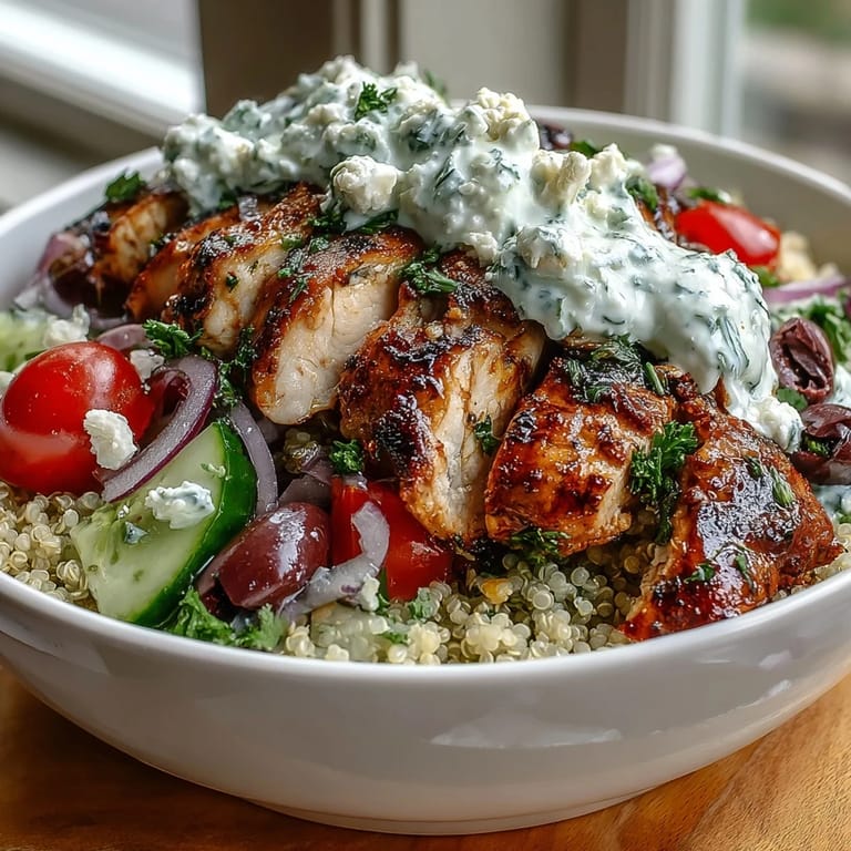 Spoonfuls of creamy tzatziki top this hearty Greek Chicken Power Bowl, ready for a protein-rich lunch or post-workout meal.