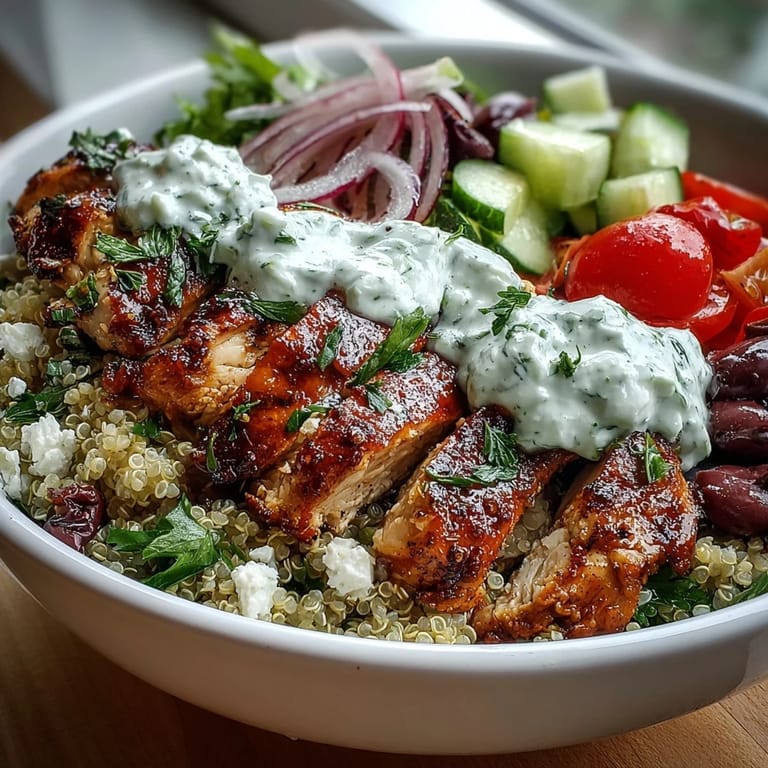 Bright Mediterranean colors pop in this Greek Chicken Power Bowl with olives and fresh parsley, served fresh and warm.