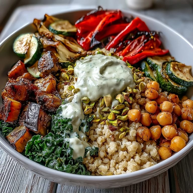 Ready-to-eat Mediterranean Buddha Bowl Meal Prep containers showcase fluffy bulgur pilaf with pistachios and tender roasted vegetables. Steamed kale and warm chickpeas sit alongside a side of creamy tahini dressing, ideal for a quick weeknight dinner. A visually appealing, balanced meal.