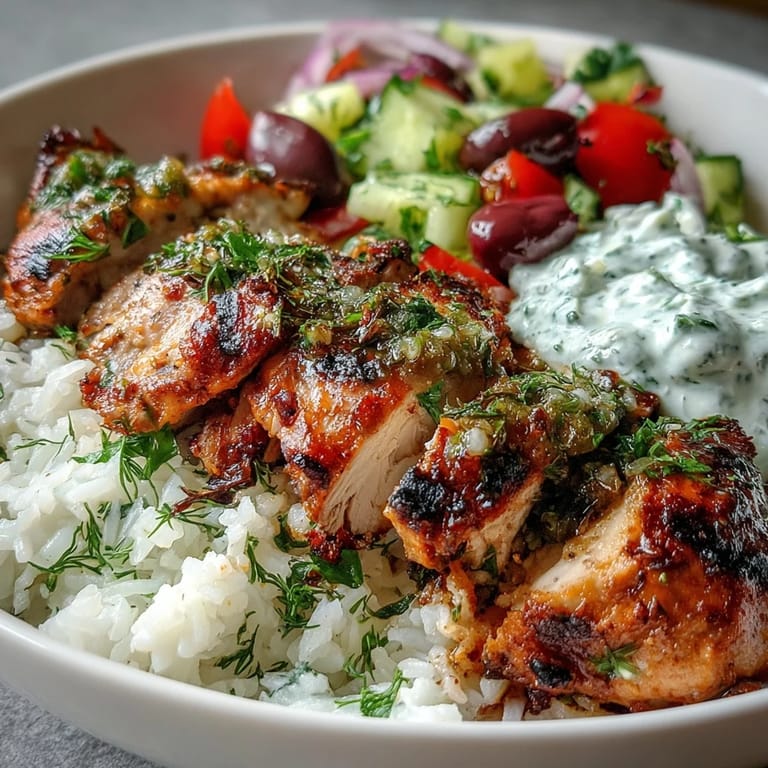 Close-up of a Greek Chicken Bowl with tender sliced chicken, herbed rice, cherry tomatoes, cucumber, red onion, and briny olives, drizzled with creamy tzatziki and garnished with fresh dill.